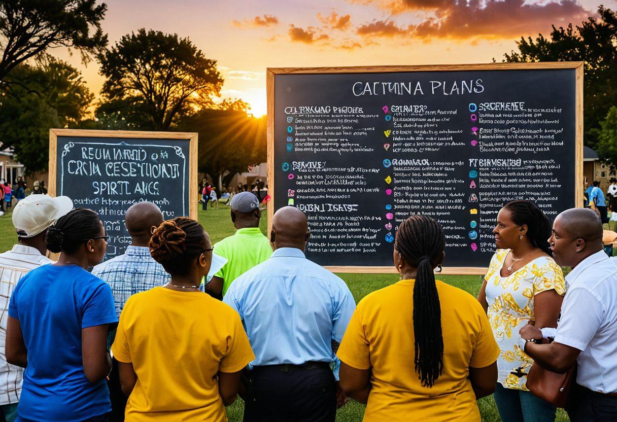 A diverse group of community members discussing crime prevention strategies in a vibrant neighborhood environment, featuring a chalkboard filled with action plans and tips. In the background, illustrations of safety symbols like locks and shields, with a warm sunset casting a hopeful glow. The scene conveys collaboration and empowerment against crime. super-realistic. vibrant colors. community-focused.