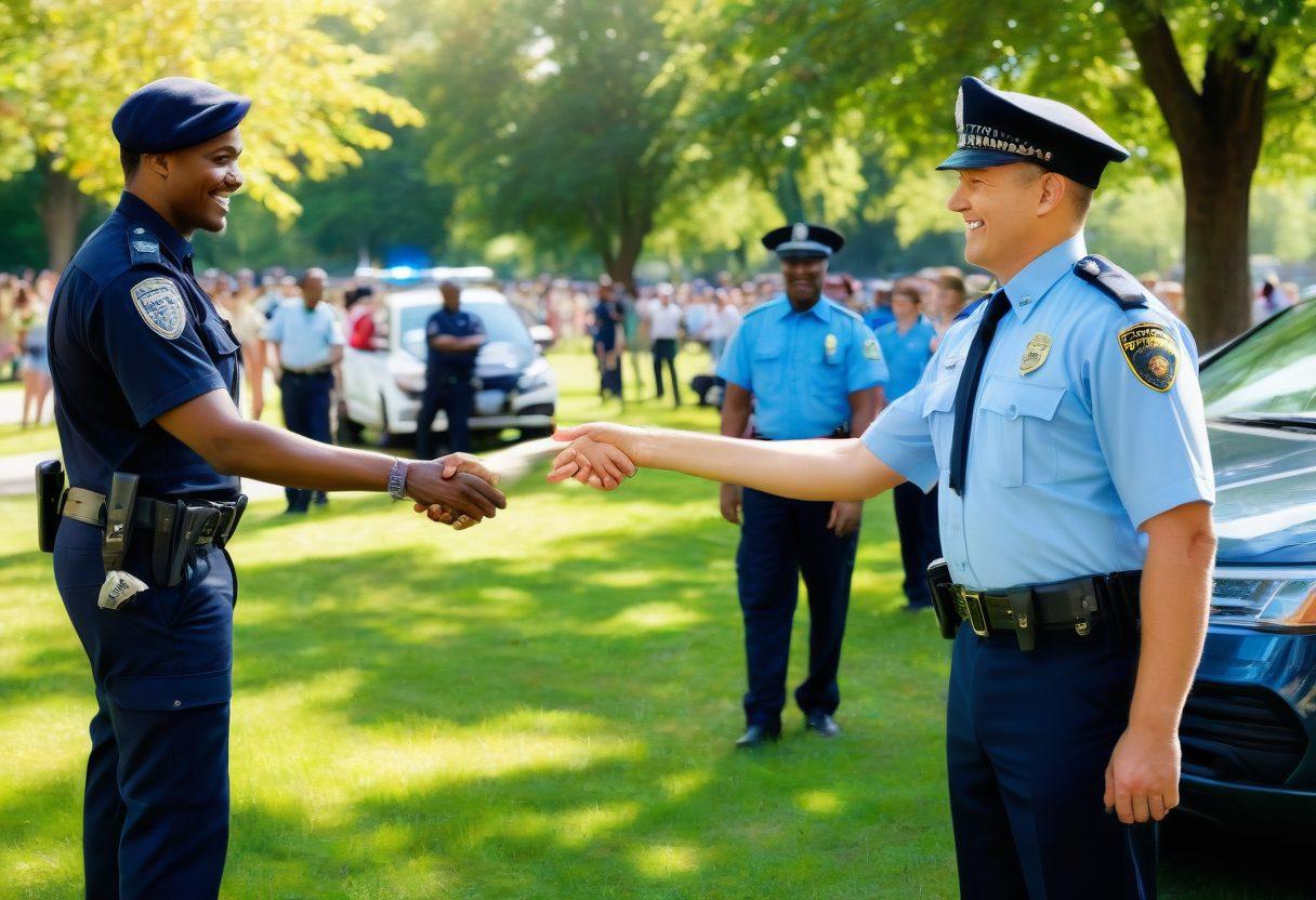 A police officer shaking hands with a diverse group of community members in a sunny park, symbolizing trust and collaboration. Include elements like a police car in the background and kids playing, representing safety and engagement. The scene conveys harmony and community spirit. vibrant colors. super-realistic.