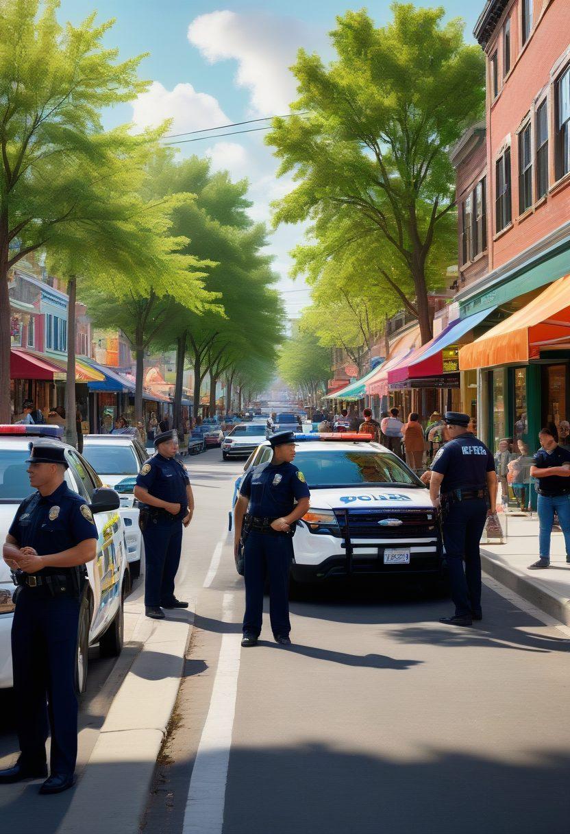 A dynamic scene featuring a diverse group of police officers engaged in community outreach, discussing safety tips with local residents in a vibrant urban neighborhood. Include visual elements like a police car, crime prevention flyers, and friendly interactions between officers and citizens. The background should depict a lively street with shops, trees, and children playing, emphasizing community trust and collaboration. super-realistic. vibrant colors. 3D.